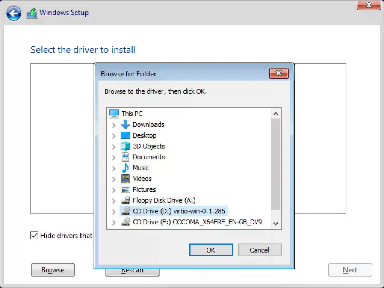 Windows Setup Browse for Folder dialog with the VirtIO ISO selected as CD Drive (D:)