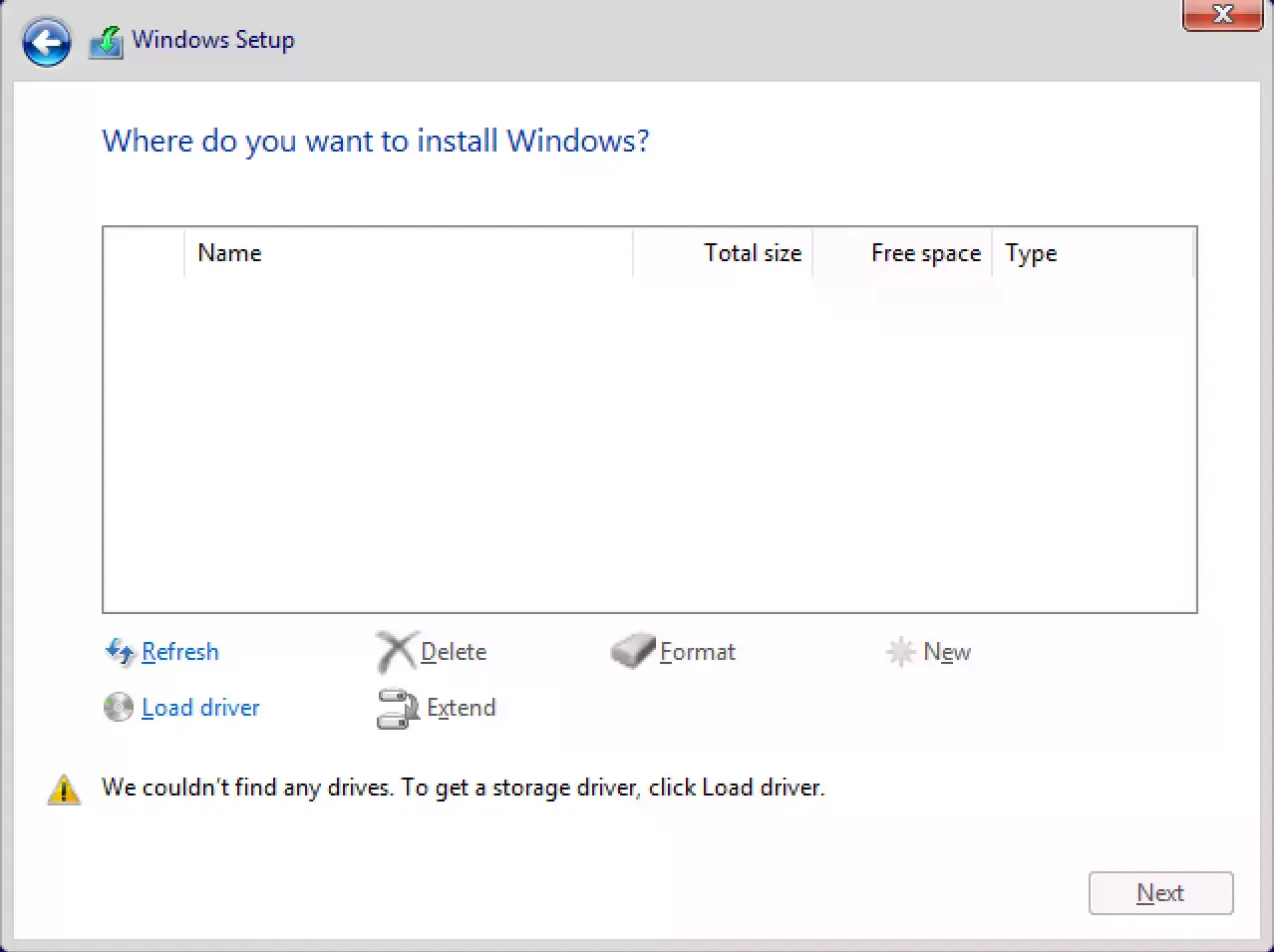 Windows Setup disk selection screen with no available disks listed and the Load driver option shown